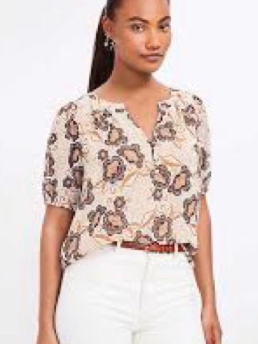 Loft Floral Puff-Sleeve V-Neck Women's Top in Cream and Brown